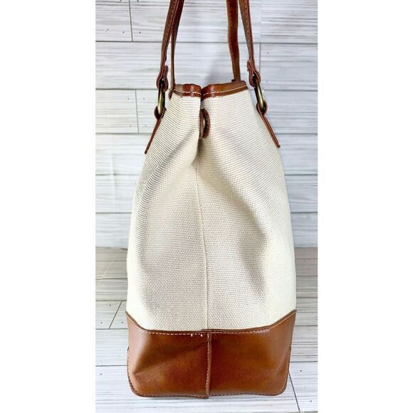 057-Coldwater Creek Neutral Canvas & Browm Butterfly Vegan Leather & Brass Trim - Picture 3 of 9
